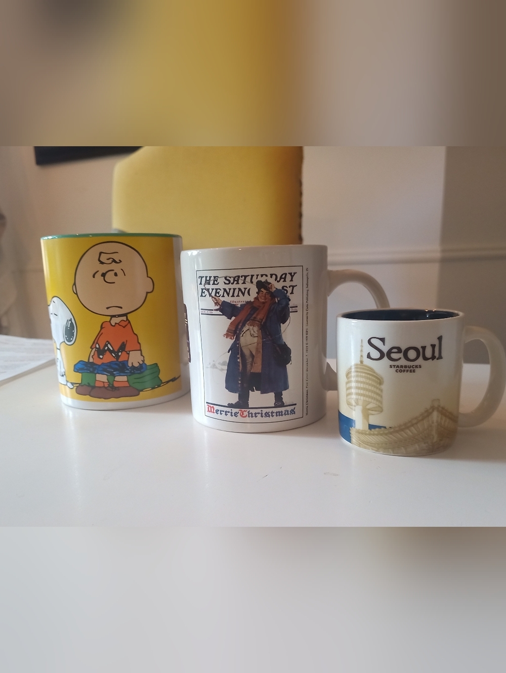 Bundle of 3 Mugs – Norman Rockwell, Starbucks Seoul, Peanuts